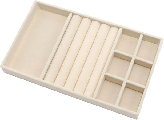 Velvet Jewelry Organizer Tray, Beige 3-in-1 | Stackable Jewelry Storage Display Tray with Removable Dividers for Drawer Dresser Cloest Organizer