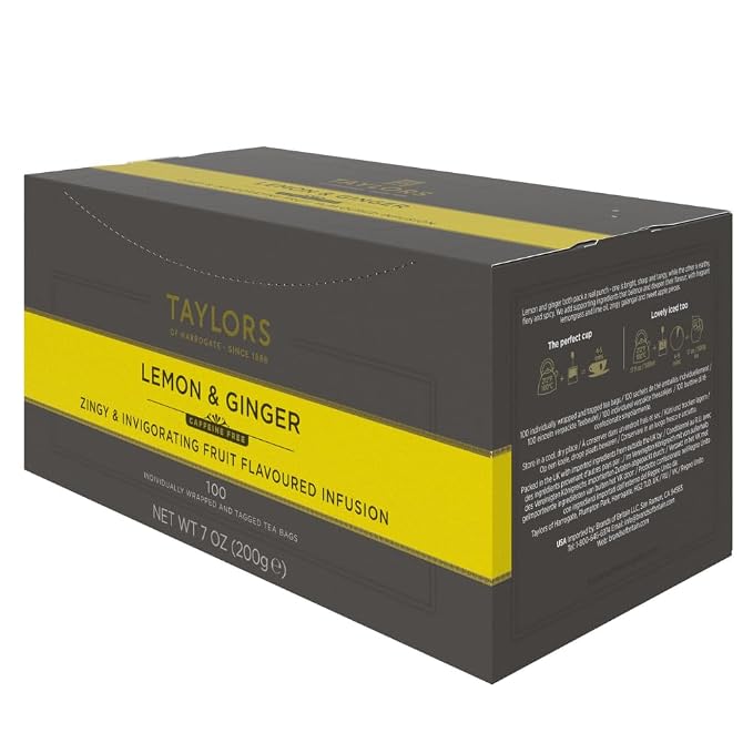 Taylors of Harrogate Lemon & Ginger, Herbal Tea, Individually Wrapped Bags, 100 Count (Pack of 1), Cleansing, Invigorating and Citrussy, Caffeine-Free, Enjoy Hot or Iced, 100 Teabags