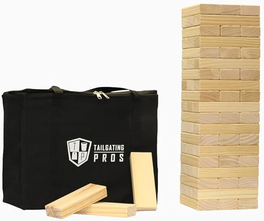 Tailgating Pros Premium Giant Toppling Timbers with Tote – Jumbo Outdoor Yard Game, Tower Grows to Over 5 Feet! –Optional Tipsy Stickers Available!