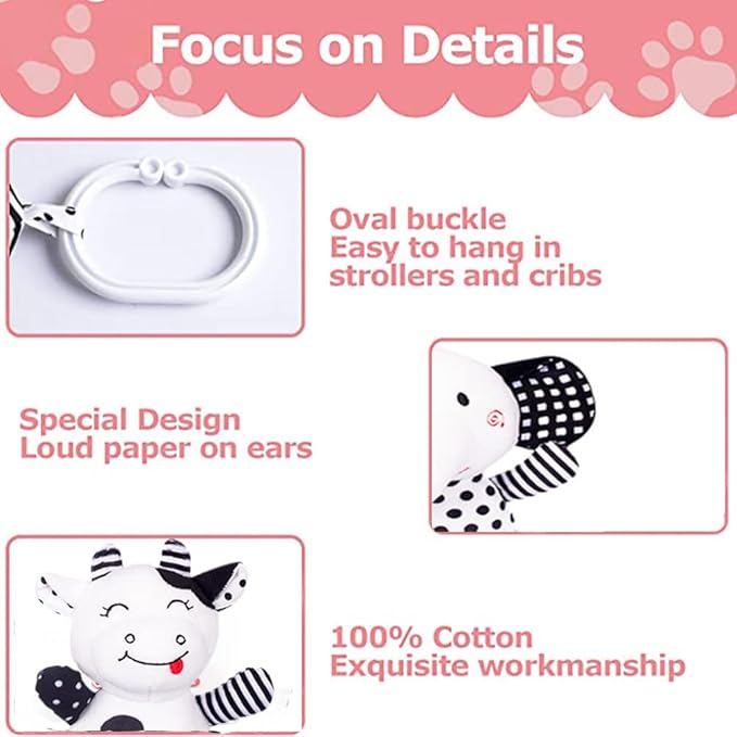 Baby Car Seat Toys, Black White Stroller Toy, Hanging Rattle Toys for Crib Mobile, Newborn Sensory Toy for 0-12 Months (Calf/Panda)