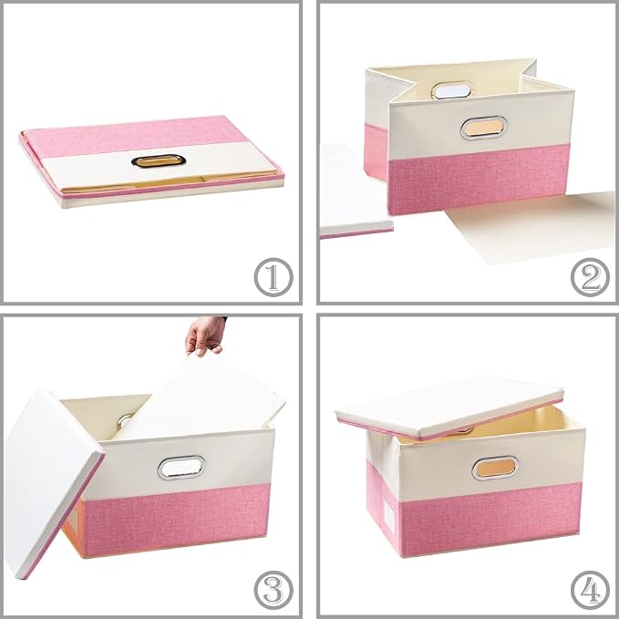 Large Collapsible Storage Bins with Lids [3-Pack] Fabric Foldable Storage Boxes Organizer Containers Baskets Cube with Cover for Home Bedroom Closet Office Pink&Cream(17.7x11.8x11.8)