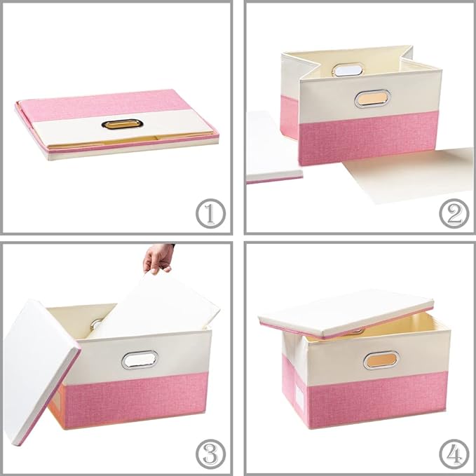 Collapsible Storage Bin with Lid [3-Pack] Fabric Foldable Storage Box Organizer Container Basket Cube with Cover for Home Bedroom Closet Office Nursery Pink&Cream(14.9x9.8x9.8)