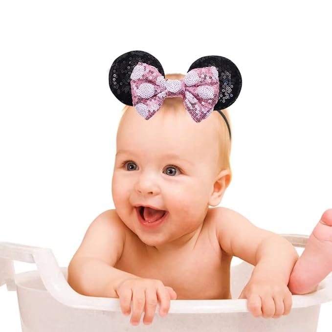 JIAHANG Mouse Ears Sequin Bow Hairband with Polka Dot, Hair Bow Nylon Headband, Soft Elastic Headwear for Baby Girl Newborn Party Supplies