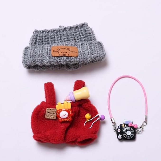Designer Clothes for 15cm/17cm Dolls, Doll Knit Outfit Accessories with Red Sweater Overall, Black Camera and Beanie, DDK-Red