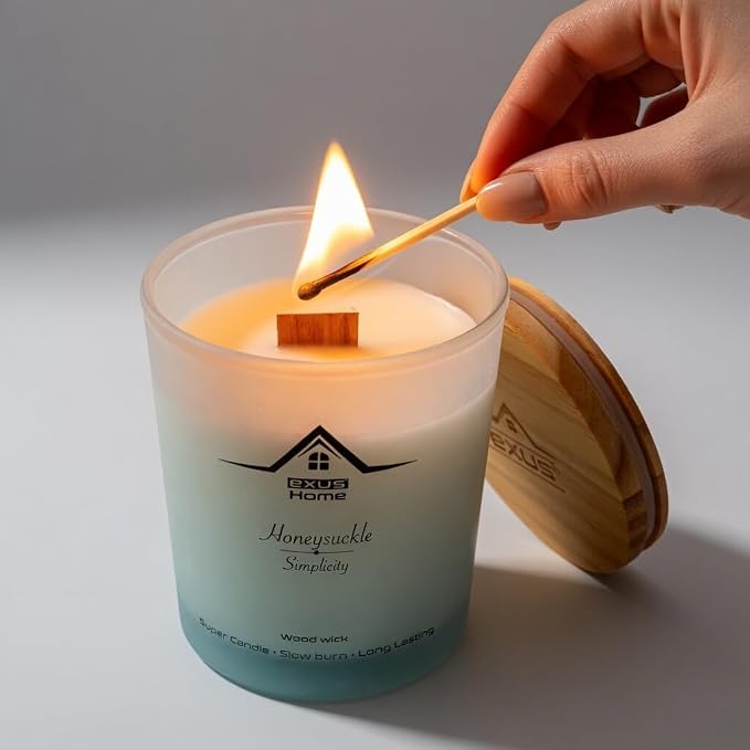 Exus Hand Crafted, Soy Wax, Wood Wick, Aromatic Candle. Non-Toxic (Honeysuckle/Simplicity)