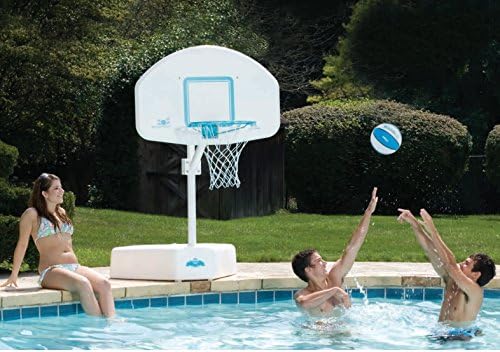 Dunn-Rite Splash & Shoot Outdoor Adjustable Height Swimming Pool Basketball Hoop w/Ball, Base, & 18 Inch Stainless Steel Rim for Adults & Kids, White