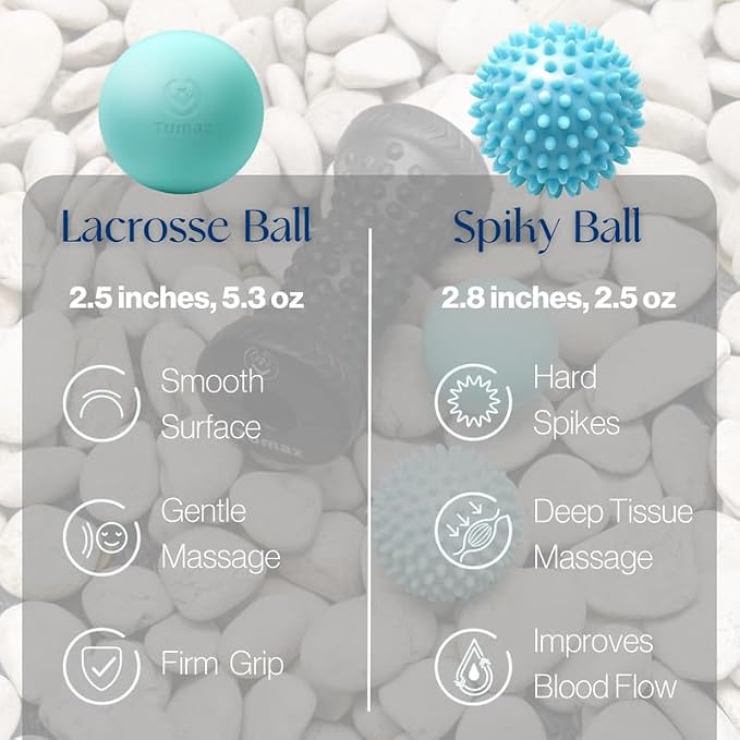 Tumaz Massage Ball & Foot Roller 3-in-1 Set with Spiky Ball, Lacrosse Ball, Massage Roller - Ergonomic Design to Relieve Plantar Fasciitis for Deep and Superficial Muscle Pain