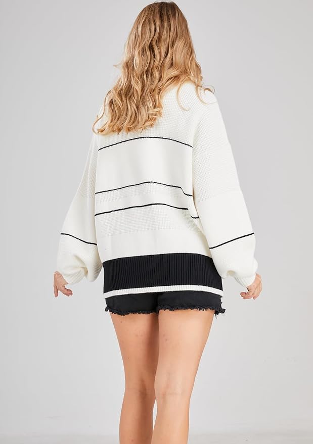 chouyatou Women's Slouchy Waffle Knit Sweater 1/2 Button Polo Collared Pullover Striped Sweater Tops