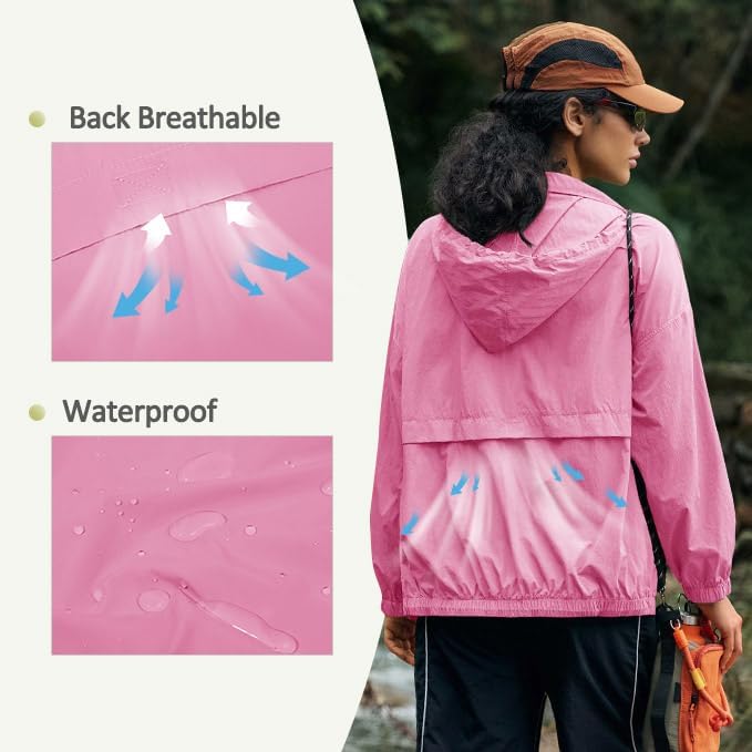 Yousify Womens Waterproof Rain Jackets Lightweight Zip Up Raincoat Outdoor Hiking Hooded Windbreaker with Pocket