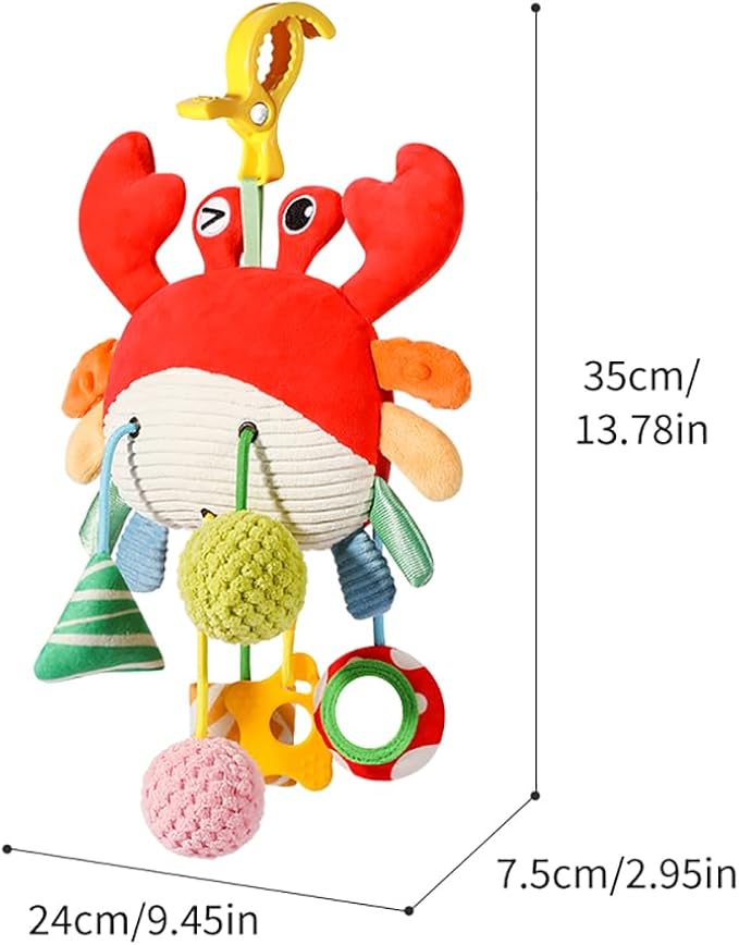 Crab Car Seat & Stroller Toy for Babies 0-12 Months, Sensory Hanging Toy with Rattle, Mirror, Squeaker, BPA-Free Pull Strings, Fine Motor Skills Baby Gift for Newborn Infant Boy Girl