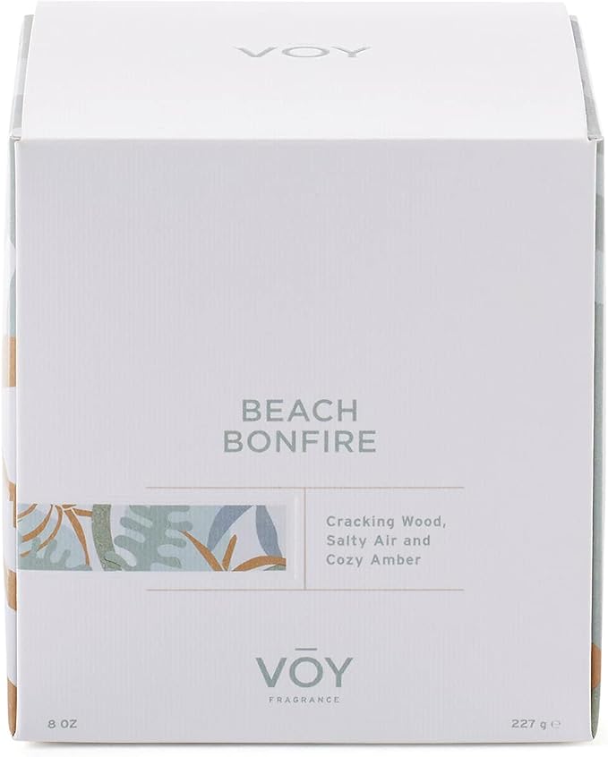 VOY Scented Candle, Crackling Wood & Salty Air of Beach Bonfire Scent, 55 Hour Burn Time, Blended Soy Candle, High-Fragrance Load, 8 oz Jar Candle, Aromatherapy Candle with Sustainable Gift Packaging