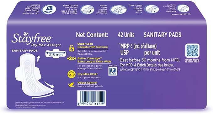 Stayfree Dry Max All Night XL Dry Cover Sanitary Pads For Women With Wings, 42 pieces