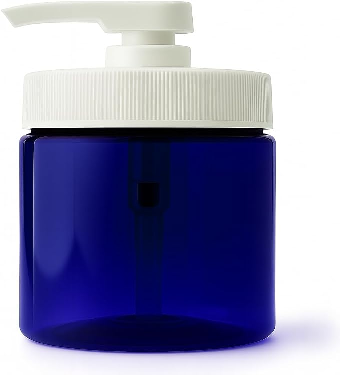 Royal Massage 16oz Refillable Pump Jar with Locking Dip Tube Dispenser – BPA-Free Plastic Container for Massage Oils, Lotions, Creams – Ribbed Lid Wide-Mouth Jar – Durable & Reusable (Blue/White, 3)