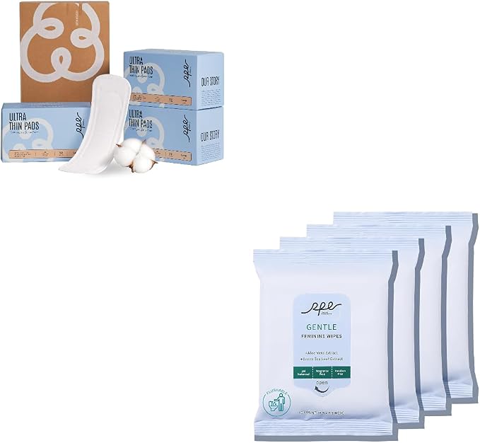 Organic Feminine Care Set: Ultra-Thin Cotton Panty Liners & pH Balanced Flushable Wipes, Unscented, Light Absorbency, Size2 96 Ct Panty Liners + 40 Wipes (10ct x 4)