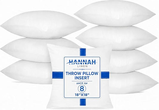 Hannah Linen Throw Pillow Inserts 18x18 – 8 Pack Square Decorative Cushion Stuffers for Couch, Sofa & Bed – Soft Fluffy Polyester Filled Pillow Inserts for Indoor Home Décor