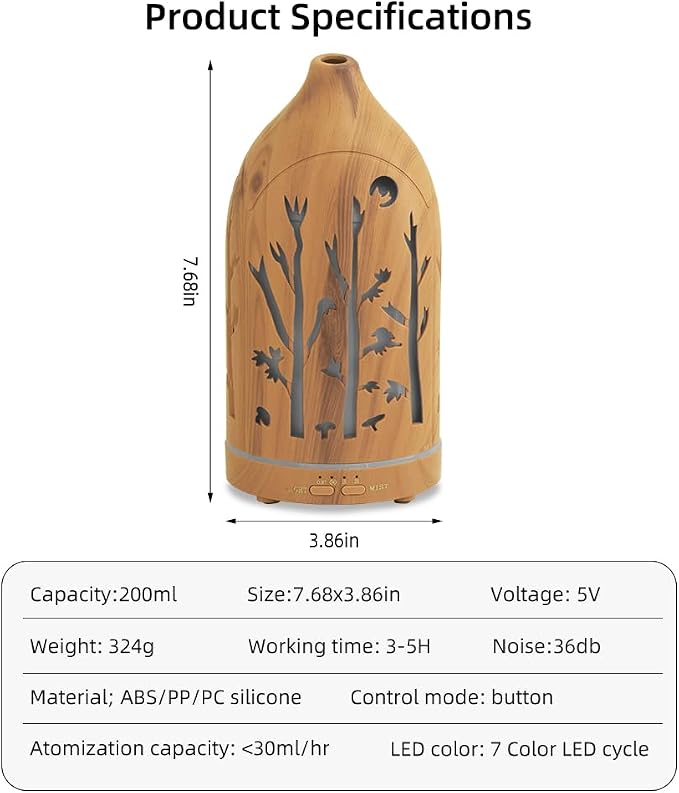 3 Essential Oil Diffuser Set,7.1''x3.5''Aromatherapy Office Diffuser | 200ml Desk Humidifiers for Small Space with 7 LED Colors Night Lights,Auto-off for Home Decor Gift (Tree)