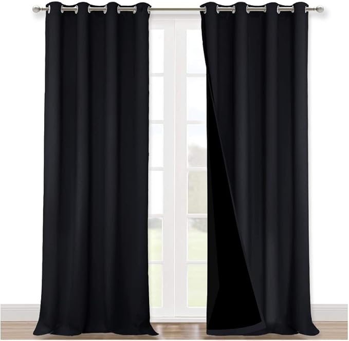 NICETOWN Extra Long Truly Blackout Drapes for Hall and Villa, 100% Blackout Window Curtain Panels with Black Lined for Night Shift Worker, 52-inch Width Each Panel, 108-inch Length, Black, 2 Pieces