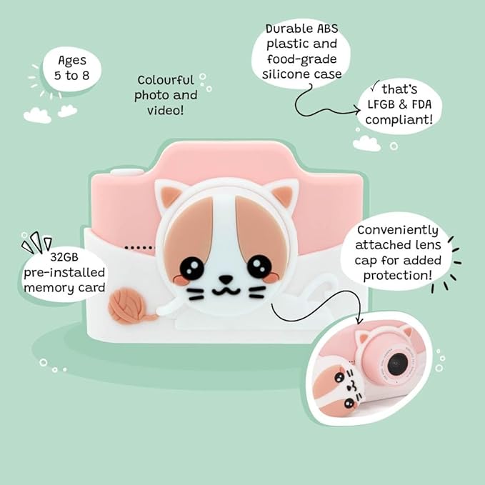 Kidamento Kids Digital Camera & Video Camcorder with Touchscreen, Soft Silicone Casing, Detachable Lens Cap, 32GB Memory Card - Model K Meowie The Cat