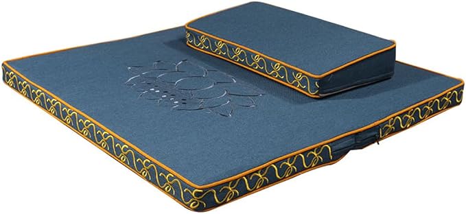 Portable Foldable Meditation Cushion Mat Set with Washable Cotton Linen Cover, Larger Thick Yoga Mat Bolster Floor Pillows Seating for Adults Meditation Accessories blue-60cm