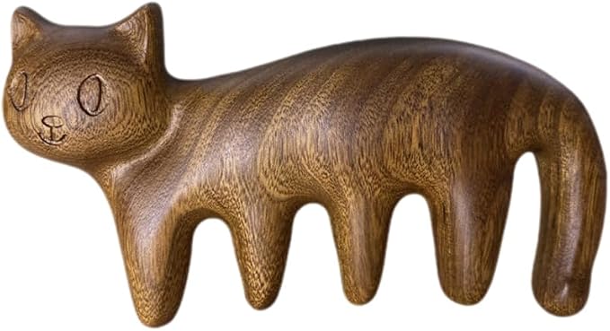 Ipetboom Wooden Scalp Massage Comb: 3.1In Cat Shape Sandalwood Head Wide Tooth Massager for Hair GuaSha, Hair Care, Relaxation & Blood Circulation
