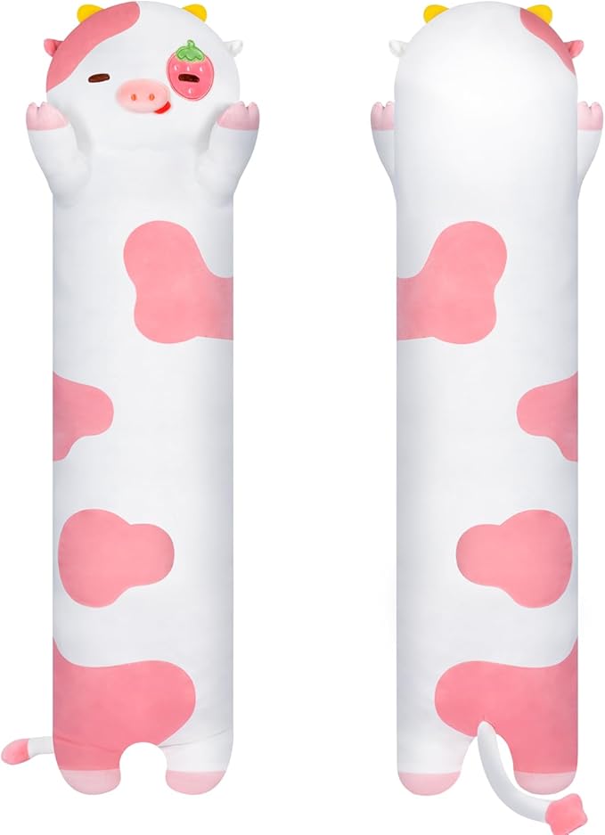 Long Cow Plush 5 Sizes, 120% Extra Filling Giant Plushness Kids Body Pillow, Kawaii Cute Strawberry Cow Stuffed Animals Plushies, Big Long Body Pillow Cat Plush Gift for Girls 53”