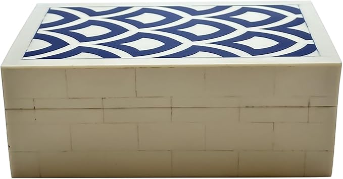Perilla Home ﻿Home Decor Decorative Storage Wooden Box Small Rectangle Irusu Organizer Tool Stash Card Craft Book Treasure Trinket Memory Keepsake Jewelry Box Gifts For All Blue and Off White