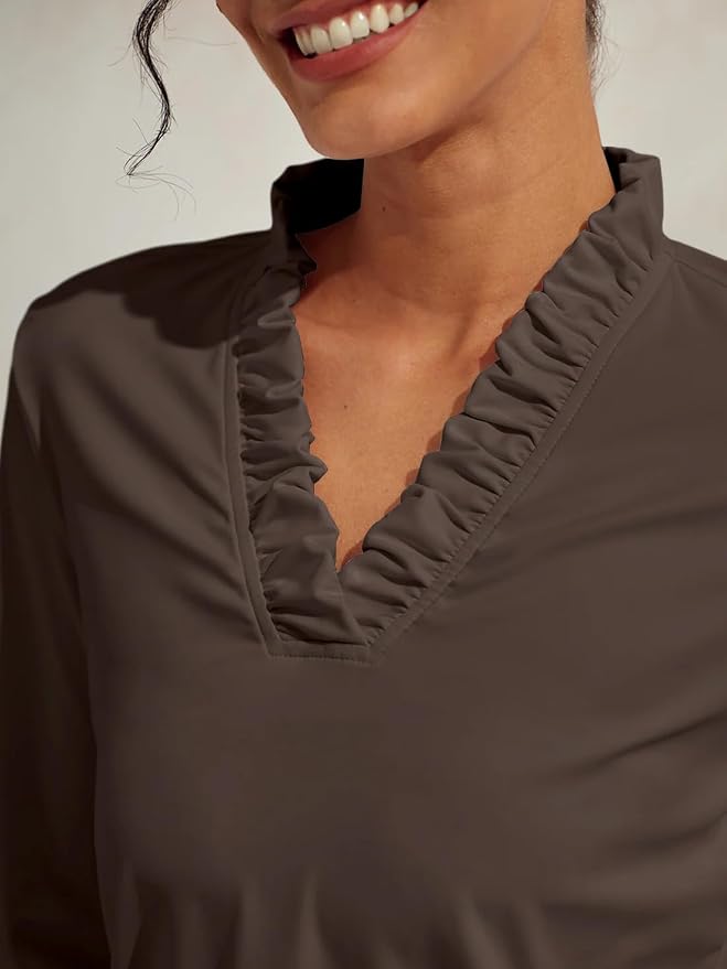 ACEGOLFS Womens Golf Polo Shirts Casual Ruffle V Neck Long Sleeve Tops for Women UPF 50+ Rash Guard Ladies Pullover Shirt