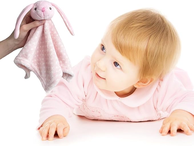 CREVENT Cozy Plush Baby Security Blanket Loveys for Baby Girls Boys, Stuffed Animal Ring Rattle Shaker Toy for Newborns (Bunny + Handbell)