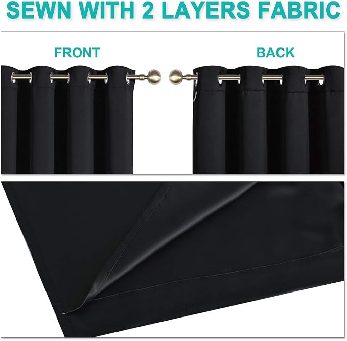 NICETOWN High-End Thermal Kitchen Curtains, Black, 37" Wide Per Panel, Set of 2 Panels, Full Blackout Curtains 80 Inches Long for Dining Room, Soundproof Window Treatment Drapes for Hall Room