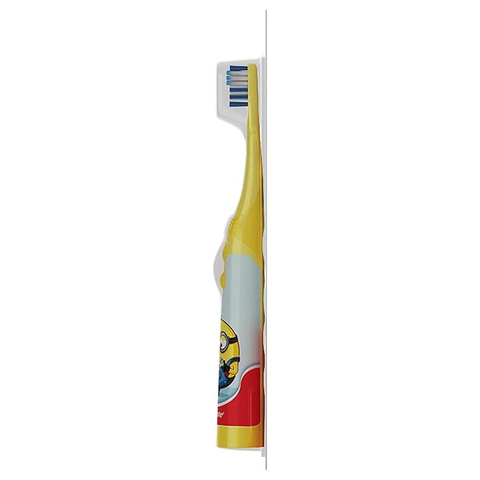 Colgate Kids Battery Powered Toothbrush with Included AA Battery, Extra Soft Bristles, Flat-Laying Handle to Prevent Rolling, Minion, 1 Pack