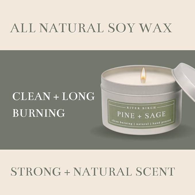 River Birch Candles Pine + Sage Scented Candle | Premium, All-Natural, Non-Toxic, Soy Candles | 8 oz. Silver Tin Travel Candle | Cozy Relaxing Gifts for Home