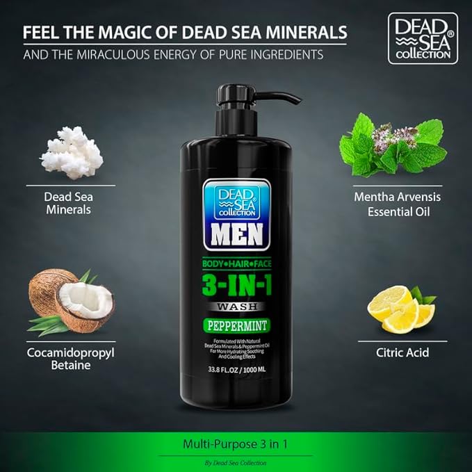 Dead Sea Collection Peppermint Men’s Body Wash – 3 in 1 Body Wash for Men for Hair, Face & Body – Moisturizing Shower Gel with Dead Sea Minerals – Pack of 2 (33.8 fl oz each)