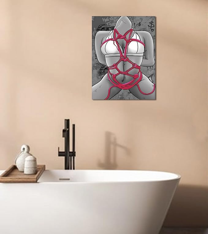 Yeesjoee Nude Female Canvas Wall Art Prints, Sexy Body with Pink Rope Bondage, Abstract Woman Figure Poster Painting Modern Artistic Decor for Bedroom Living Room Contemporary Home, 12x16 in Framed