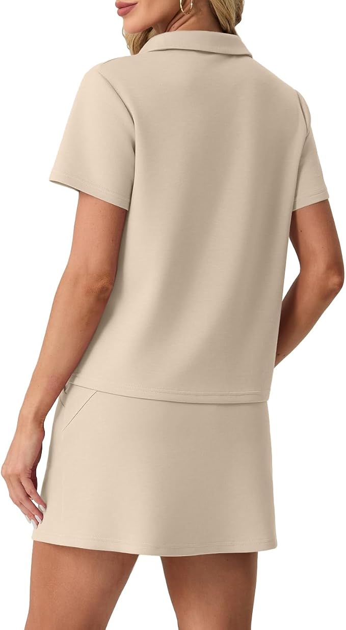 GRECERELLE Women's Summer 2 Piece Skort Set Half Zip Short Sleeve Top & Pocketed Tennis Skirt For Sports & Vacations.