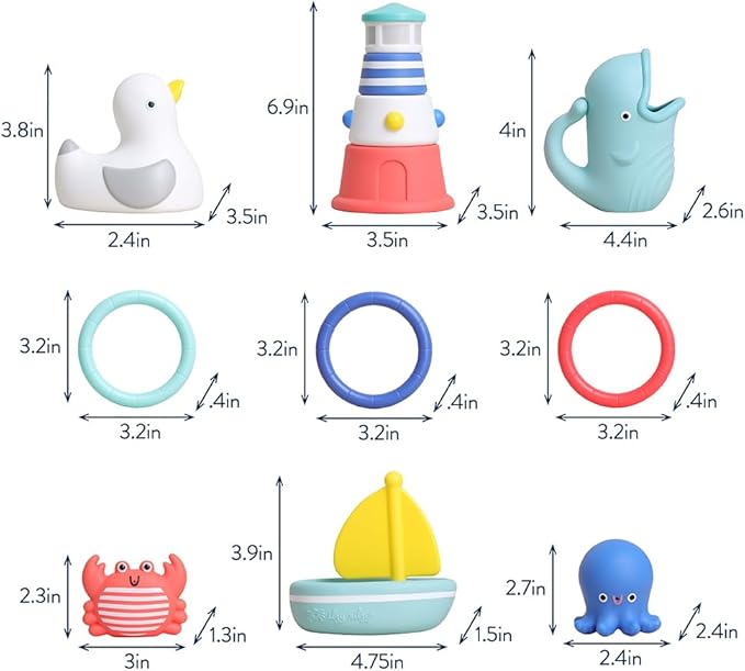 Itzy Ritzy Bathtime Gift Set – 12-Piece Baby Bath Toys for Infants & Toddlers – Stacking Lighthouse, Ring Toss, Scoop, Squirters & Sailboat – Develops Motor Skills & Teaches Cause & Effect (Nautical)
