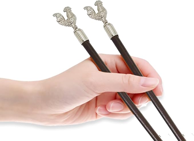 Wooden Chopsticks 9⅞" Long Coconut Palm Wood Chopstick Metal Chicken Top Eating Utensils Oriental Cutlery Asian Tableware Decorative Dinnerware to Serve Chinese Japanese Korean Food