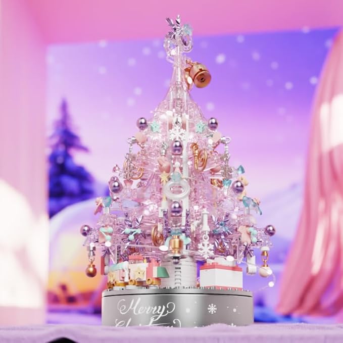 Christmas Tree Building Block Set, 730 PCS Christmas Music Box Bricks Model Kit, Construction Toy for Adults Girls