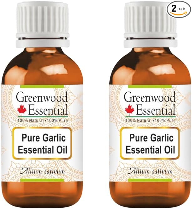 Greenwood Essential Garlic Essential Oil (Allium sativum) Pure | Non-Sticky | Non-Greasy | Lightweight | Men & Women | All Skin Types | Steam Distilled 10ml X 2 (0.66 oz)