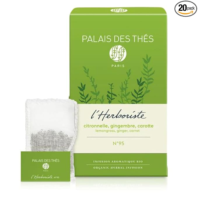 Palais des Thés Caffeine-Free Tea - L'Herboriste N∞95 Organic Energy Herbal Blend with Lemongrass, Ginger & Carrot - Premium Tea Bags, Serves 20 Cups