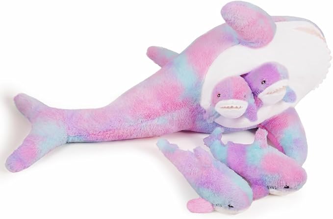 Giant Shark Stuffed Animals Plush, Large Shark Plush Pillow with 4 Little Sharks, 100cm/39.4inches Colorful Sharks Plush Toy Gifts for Kids(Purple)