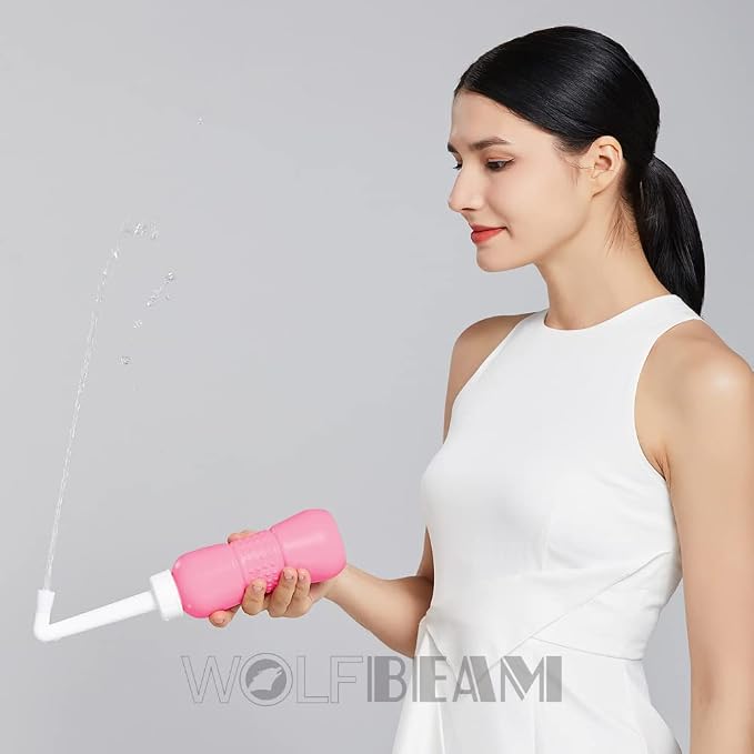 Wolfbeam 2in1 Portable Hand-held Vulva and Anus Cleaner, Pink+Green 450ML | Personal Health Vaginal Washing Container, Travel Urinal Spray Scrubber, Personal Hygiene