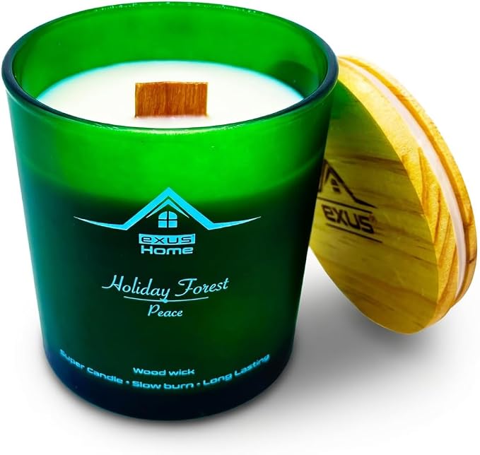 Exus Hand Crafted, Soy Wax, Wood Wick, Aromatic Candle. Non-Toxic (Holiday Forest/Peace)