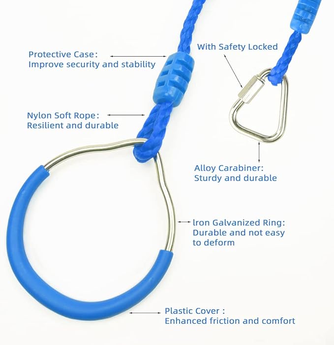 Ninja Ring Backyard Gymnastic Fitness Fist Outdoor Jungle Gym Play Set Playground Training Equipment, 2 Blue Swing Monkey Bar Hang Climbing Ring Warrior Obstacle Course Trapeze Slackline Attachments