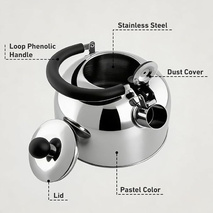 Lily's Home 2 Quart Whistling Tea Kettle, Stainless Steel Stovetop Kettle for Gas & Induction Tops, Classic Whistle Spout, Cool-Touch Handle for Safe Pouring - Perfect for Home, Kitchen, Dorm