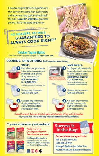 Success Boil-in-Bag Rice, White Rice, 21-Ounce Box, Pack of 1 | Precooked rice bag for quick and easy meals, stovetop or microwave, ready in 10 minutes, gluten-free, kosher, non-GMO