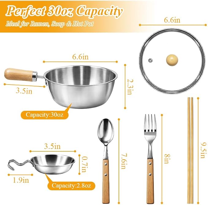 Korean Ramen Pot Set, 18/8 Stainless Steel Ramen Cooking Pot with Glass Lid, Coating-Free One-Person Dining Set, Wooden Handle Bowl, Fork Spoon Chopsticks&Sauce Dish, Safe for Gas Stove