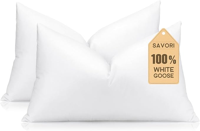 SAVORI 14x22 Lumbar Pilow Insert, Set of 2 Down Feather 14x22 Euro Pillow Inserts, Soft Fluffy Sleeping Pillow with 100% Cotton Cover, Decorative Throw Pillows for Couch Sofa Bed-White