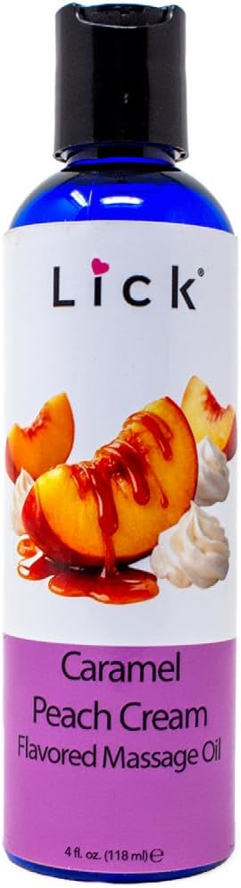 Lick Caramel Peach Cream Flavored Massage Oil – Tropical Edible Massage Oil with Sweet Almond Oil & Vitamin E, Hydrating Body-Safe Formula for Relaxing Couples Massage, 4 oz