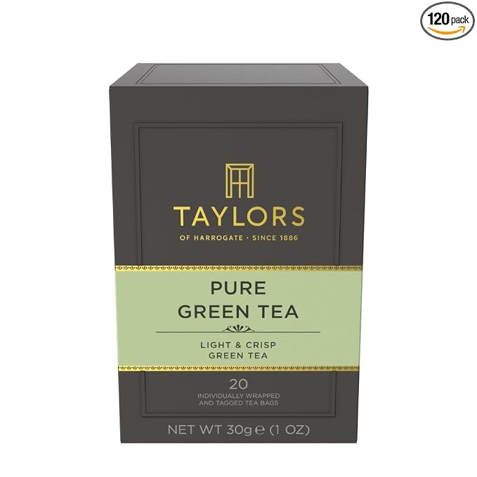 Taylors of Harrogate Pure Green Tea Individually Wrapped Bags, 20 Count (Pack of 6), Delicate, Mellow and Crisp, Caffeinated, Enjoy Hot or Iced, 120 Teabags Total