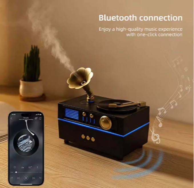 5 in 1 Diffuser Humidifier 200 ml, Bluetooth Speaker, 6 LED Light, Timer, Gramaphone & Vinyl Rotation Retro Design. Electric Powered, Remote Control, Rotation Mist Spray Aromatherapy